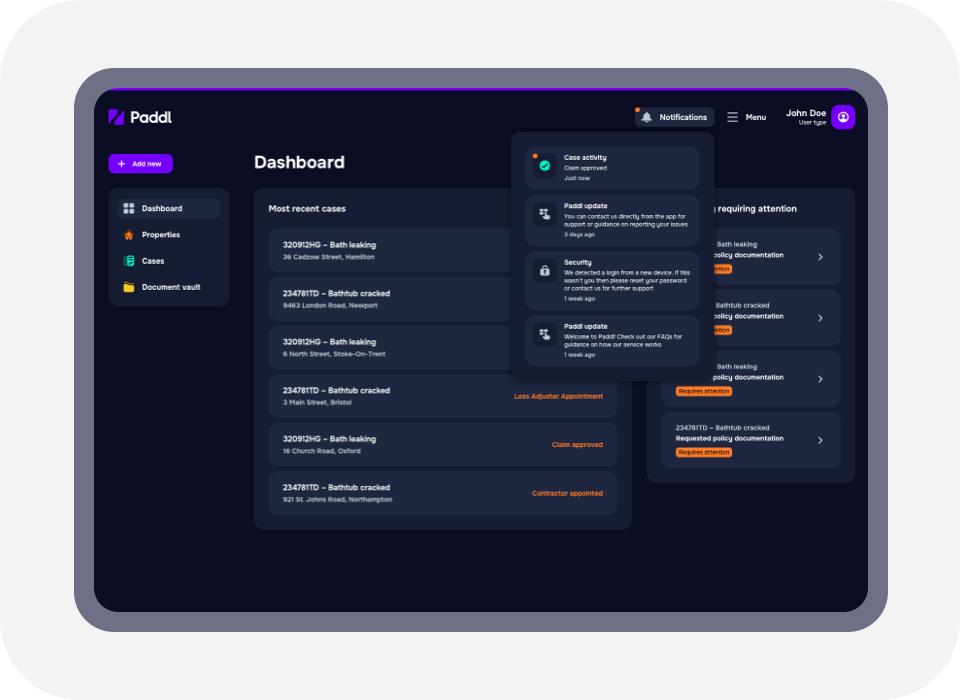 Real-time notifications of claim progression are delivered to all stakeholders